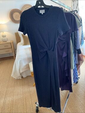 Tanya Taylor Navy Ribbed Twist-Front Midi Dress XS